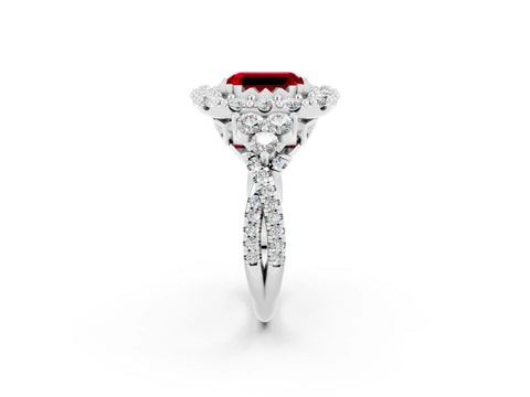 White gold Emerald Cut Ruby Halo Ring with Pavé Band and Four-Prong Setting_35