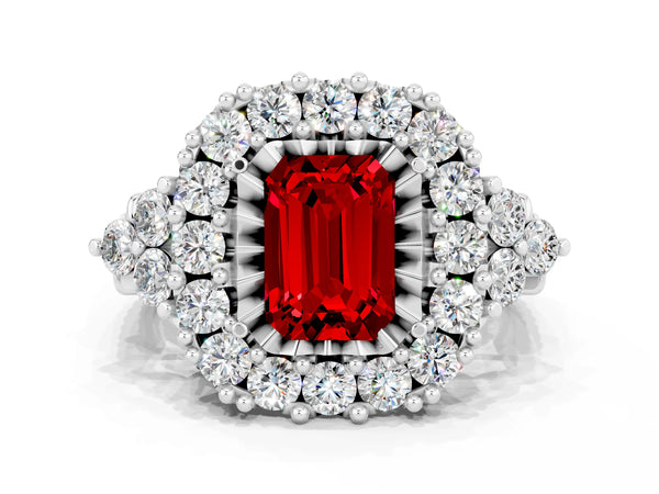 Silver Emerald Cut Ruby Halo Ring with Pavé Band and Four-Prong Setting
