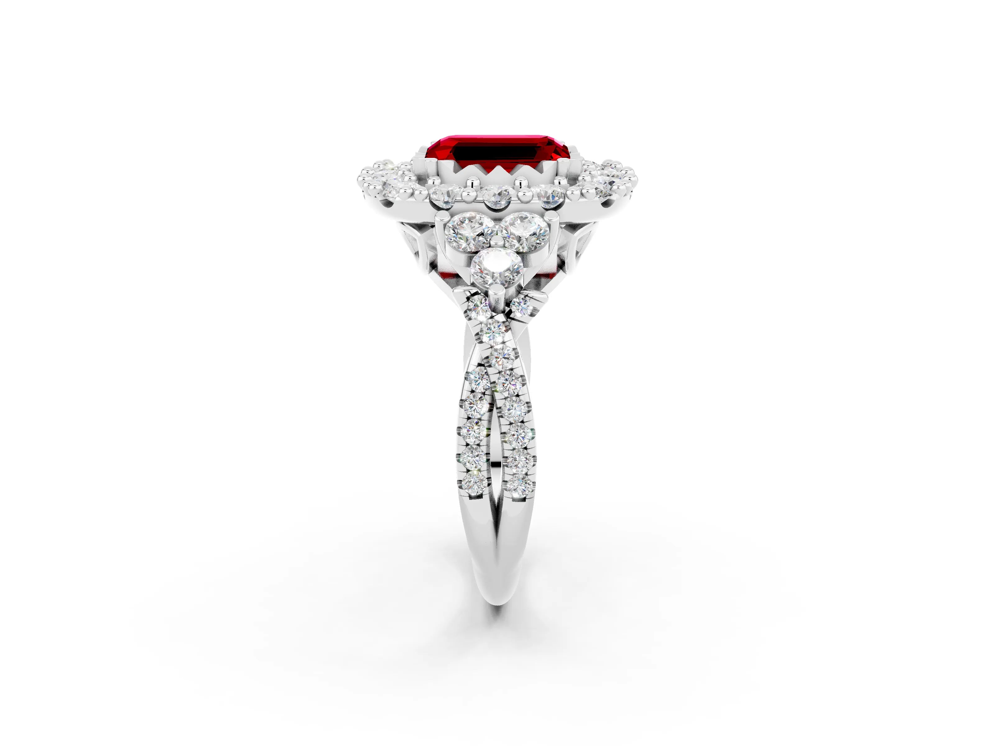 White gold Emerald Cut Ruby Halo Ring with Pavé Band and Four-Prong Setting_38