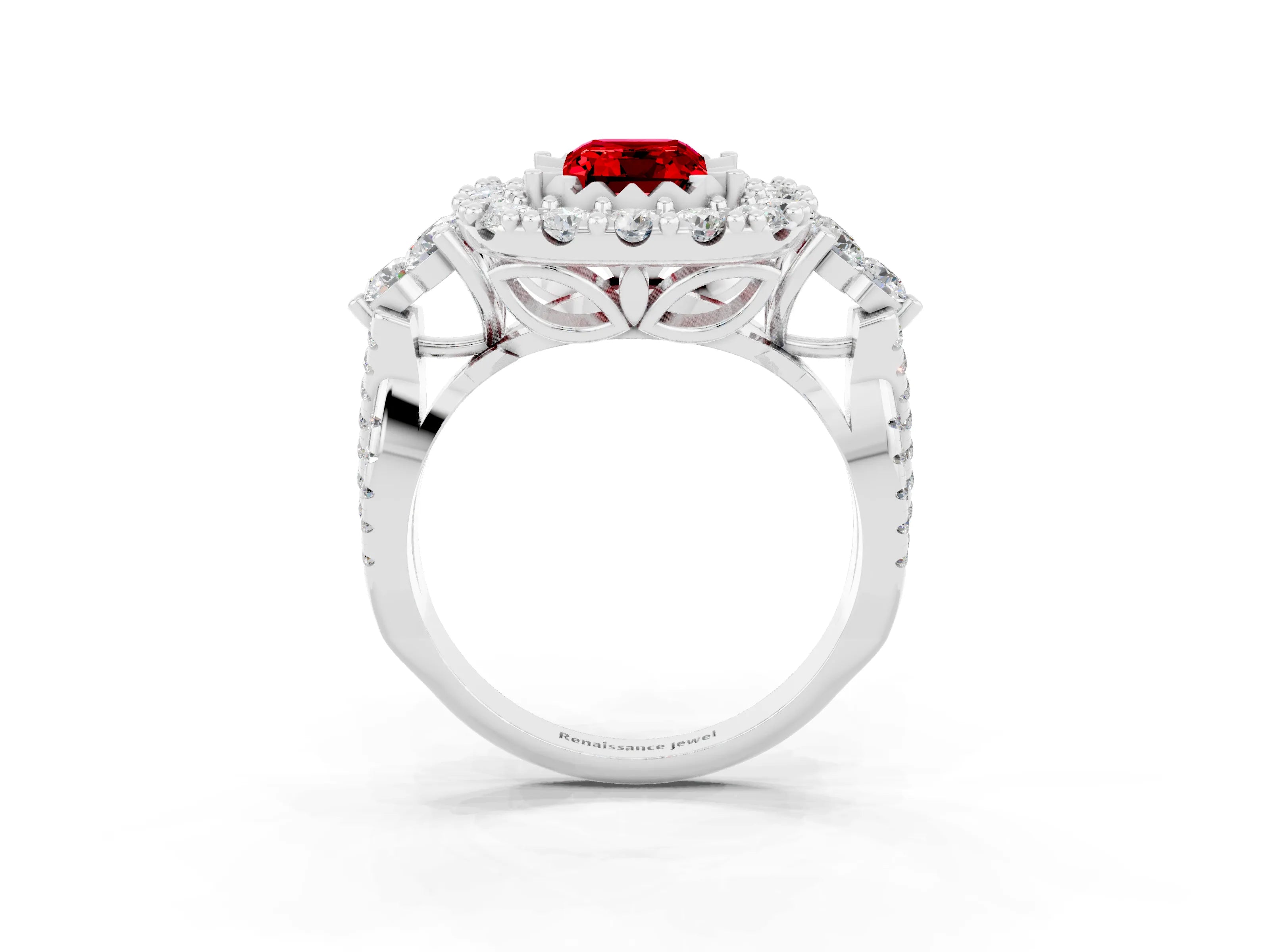 White gold Emerald Cut Ruby Halo Ring with Pavé Band and Four-Prong Setting_39