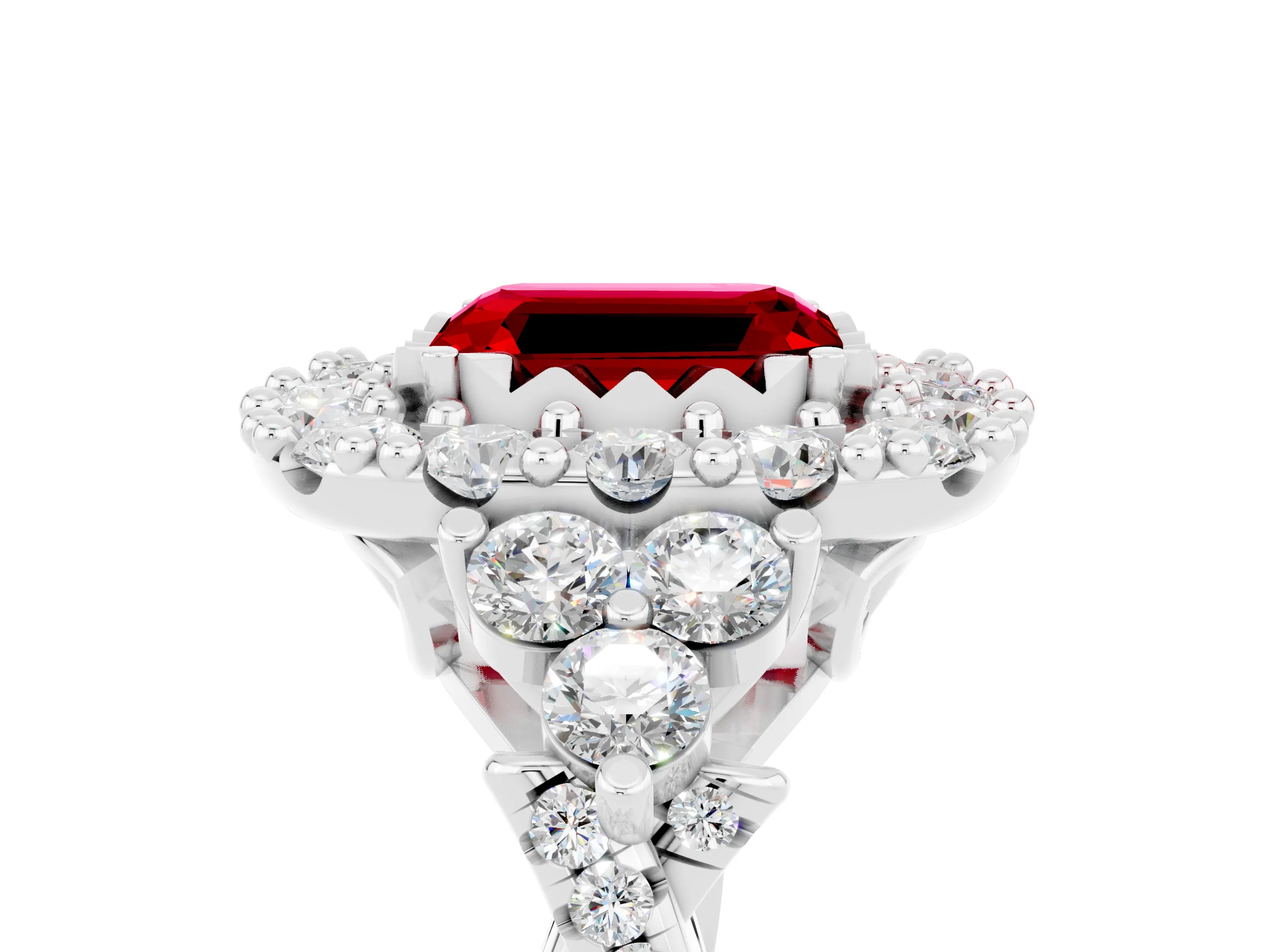 White gold Emerald Cut Ruby Halo Ring with Pavé Band and Four-Prong Setting_41