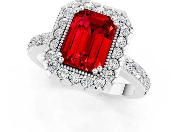 Platinum Emerald Cut Ruby Halo Ring with Pavé Band and Prong Setting