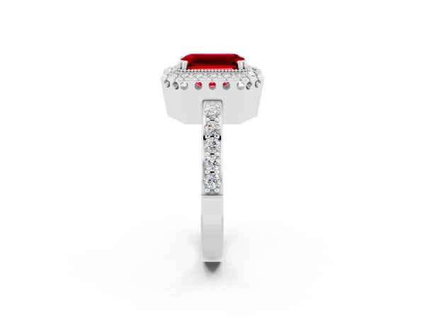 Platinum Emerald Cut Ruby Halo Ring with Pavé Band and Prong Setting