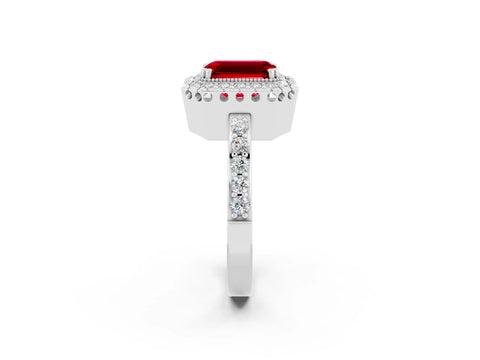 White gold Emerald Cut Ruby Halo Ring with Pavé Band and Prong Setting_2