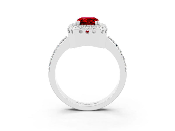 White gold Emerald Cut Ruby Halo Ring with Pavé Band and Prong Setting