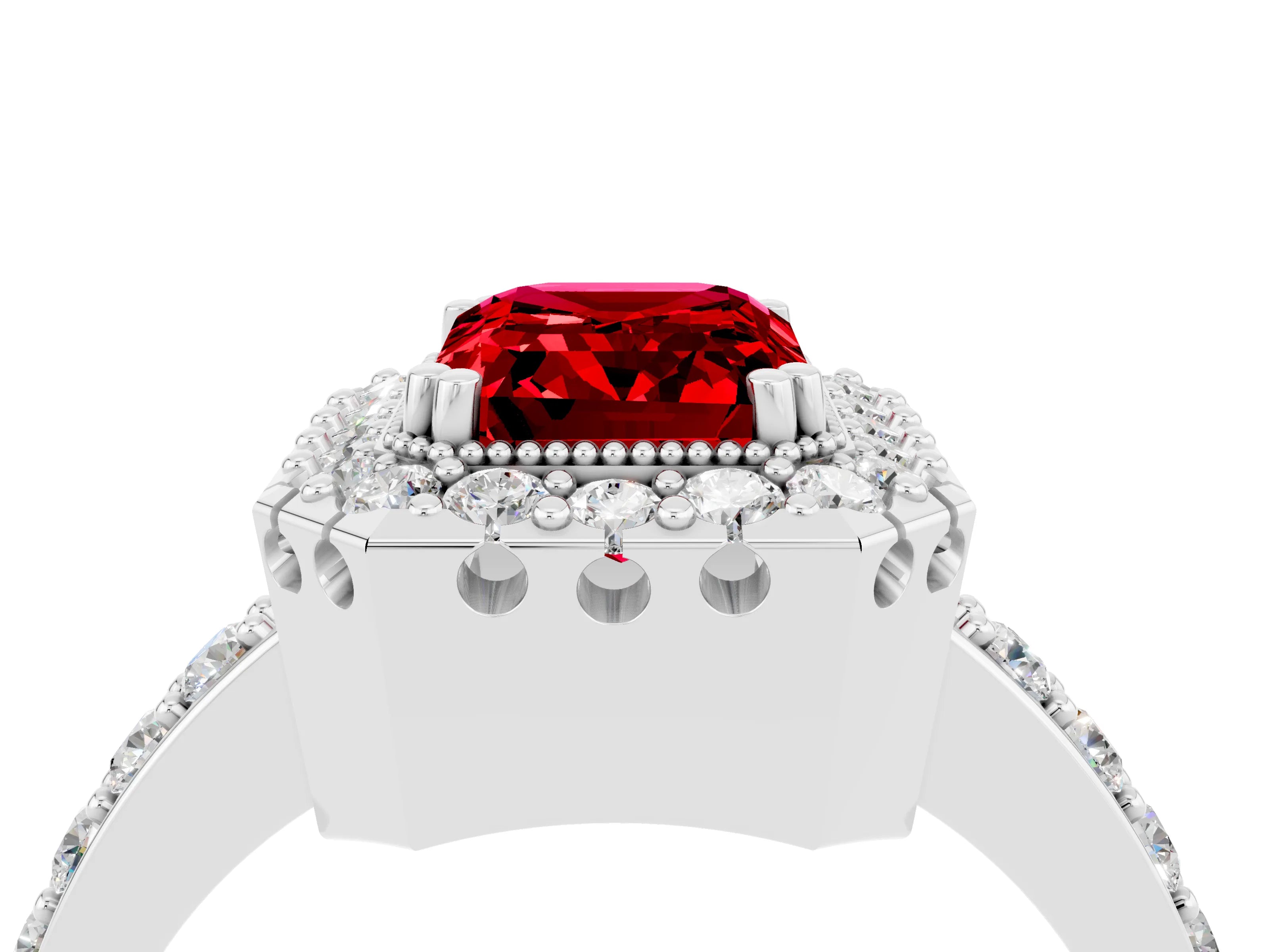 White gold Emerald Cut Ruby Halo Ring with Pavé Band and Prong Setting_4