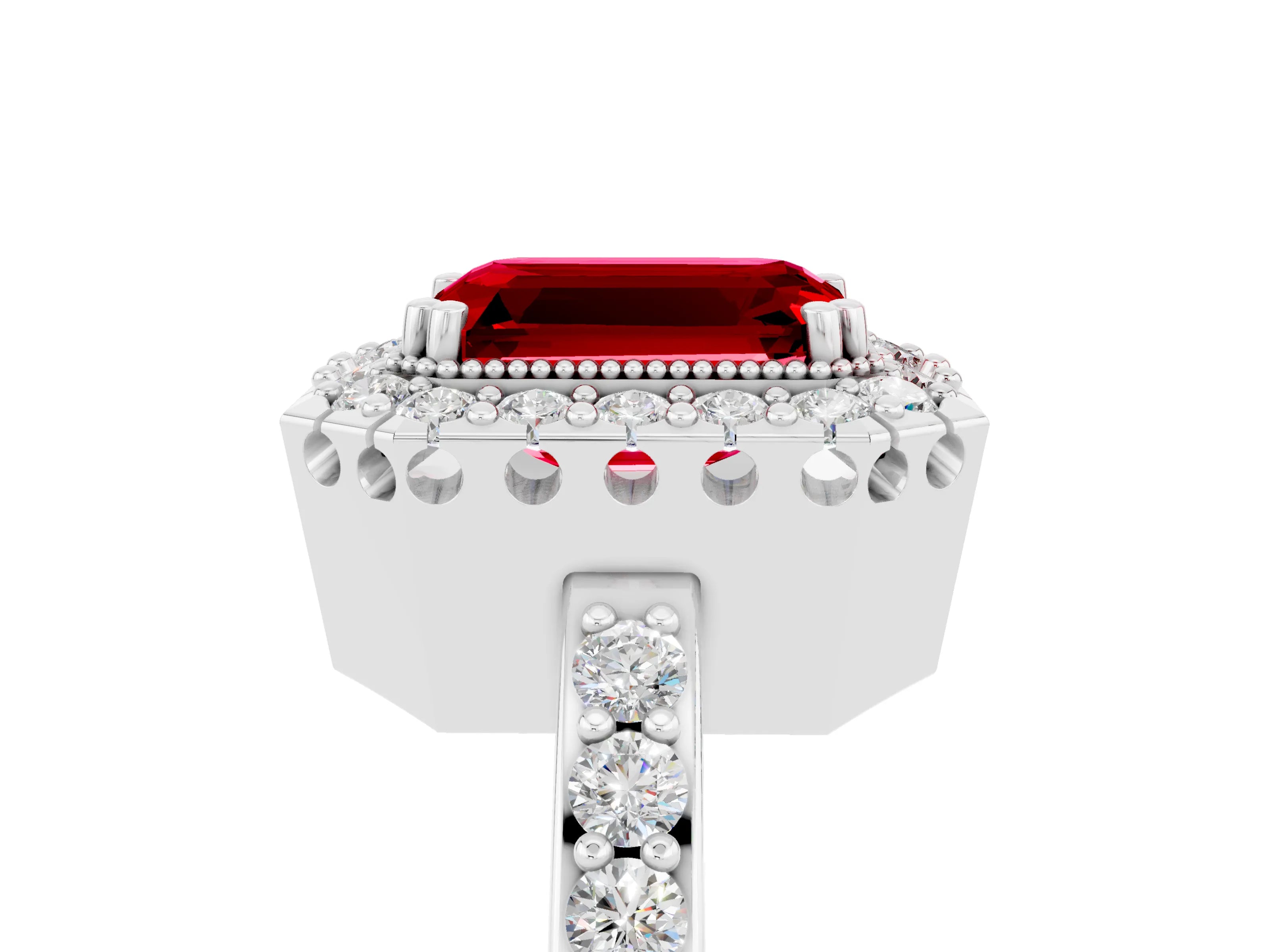 White gold Emerald Cut Ruby Halo Ring with Pavé Band and Prong Setting_5