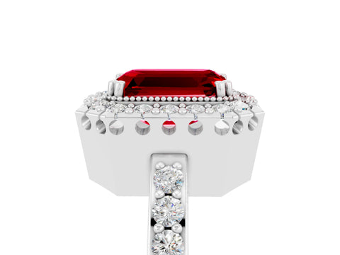 White gold Emerald Cut Ruby Halo Ring with Pavé Band and Prong Setting_5