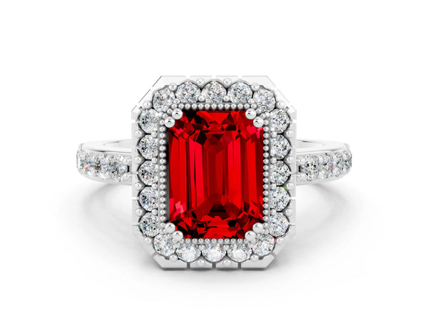 White gold Emerald Cut Ruby Halo Ring with Pavé Band and Prong Setting