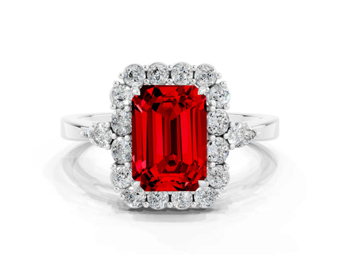 White gold Emerald Cut Ruby Halo Ring with Pear Side Stones and Prong Setting_24