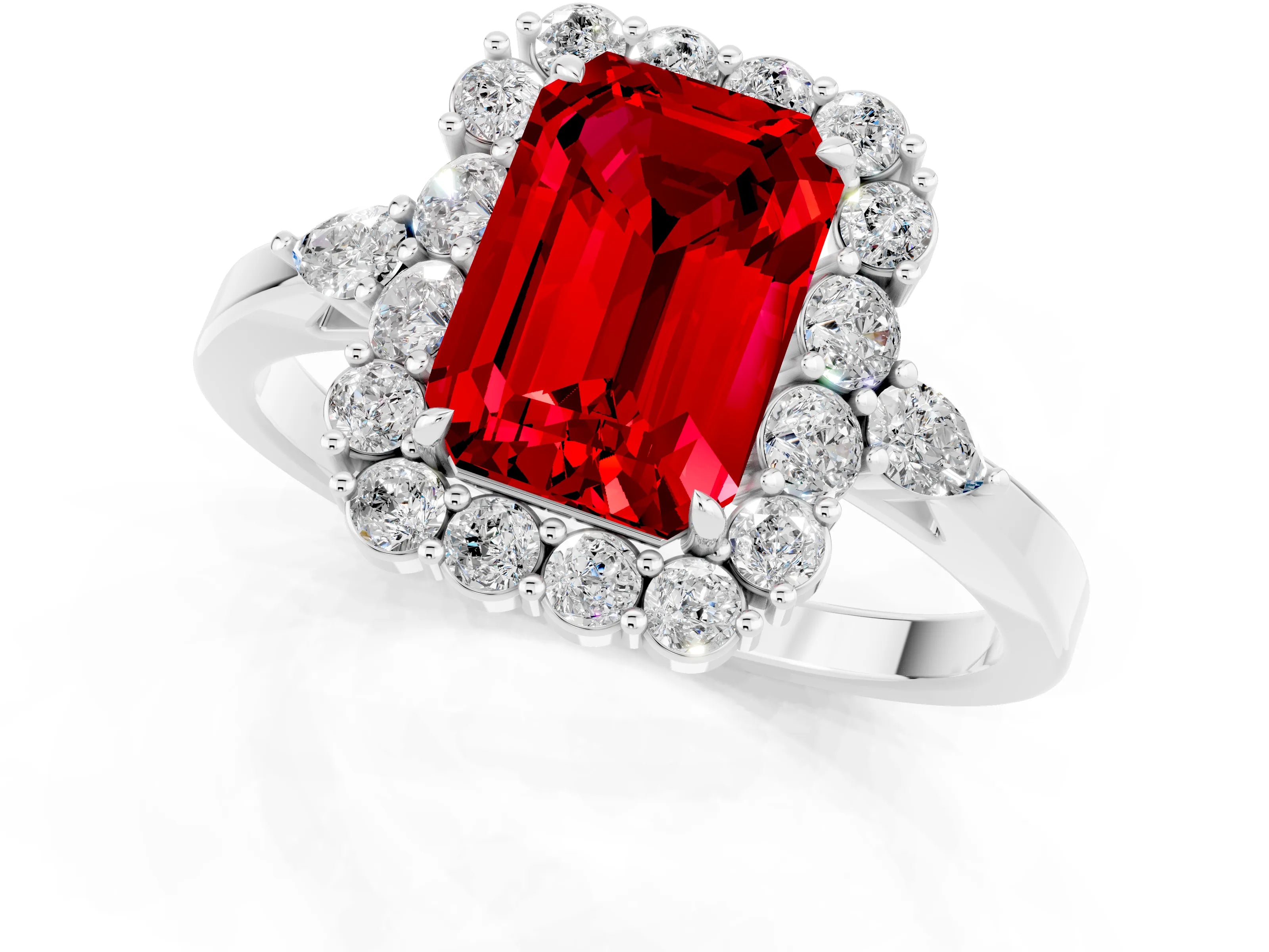 White gold Emerald Cut Ruby Halo Ring with Pear Side Stones and Prong Setting_25