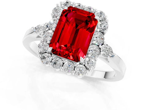 White gold Emerald Cut Ruby Halo Ring with Pear Side Stones and Prong Setting_25