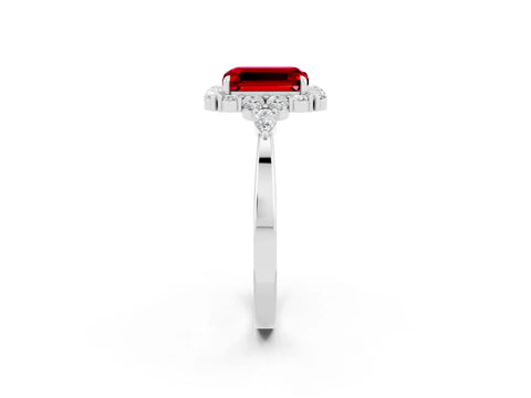 White gold Emerald Cut Ruby Halo Ring with Pear Side Stones and Prong Setting_26