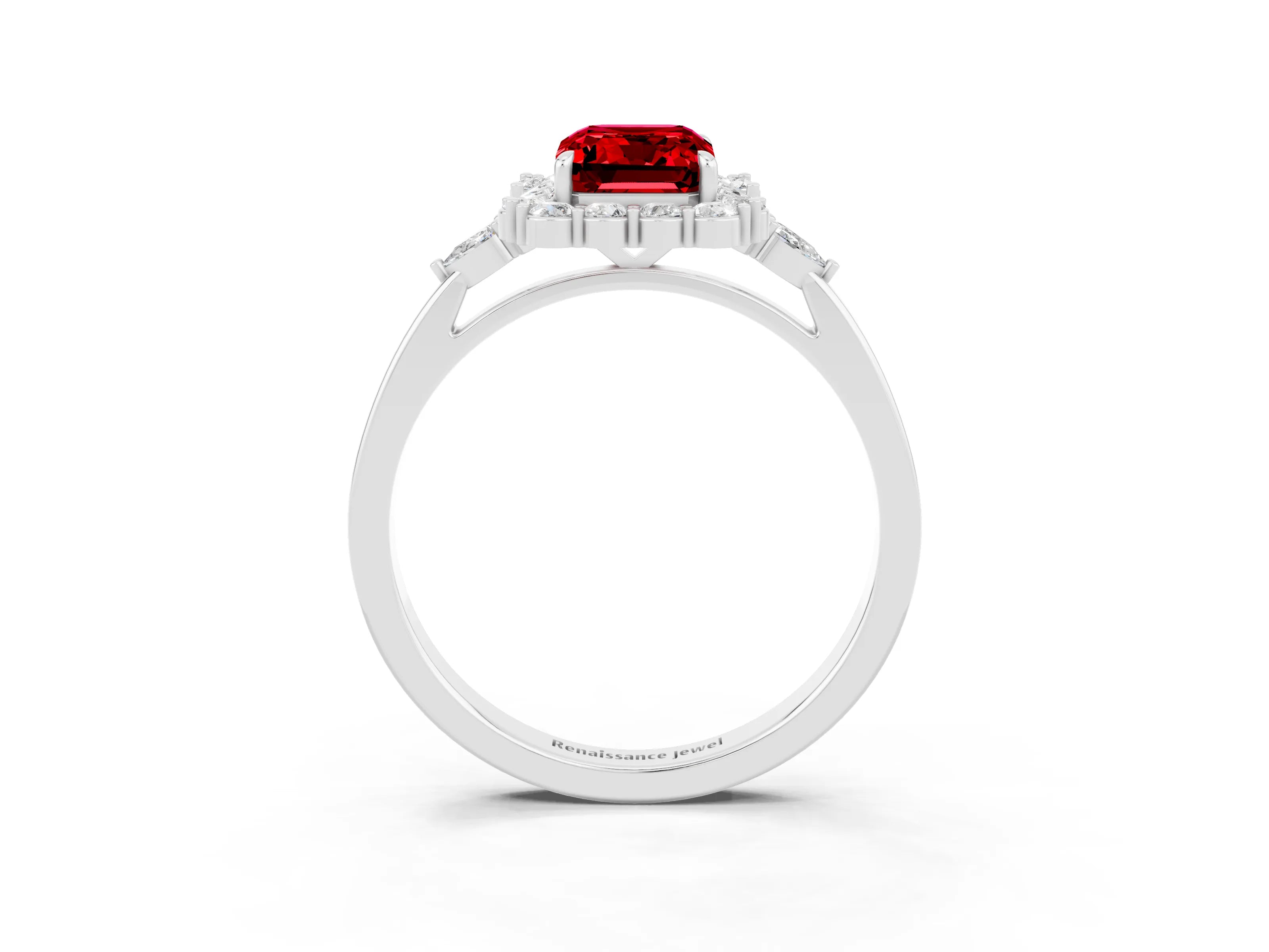 White gold Emerald Cut Ruby Halo Ring with Pear Side Stones and Prong Setting_27