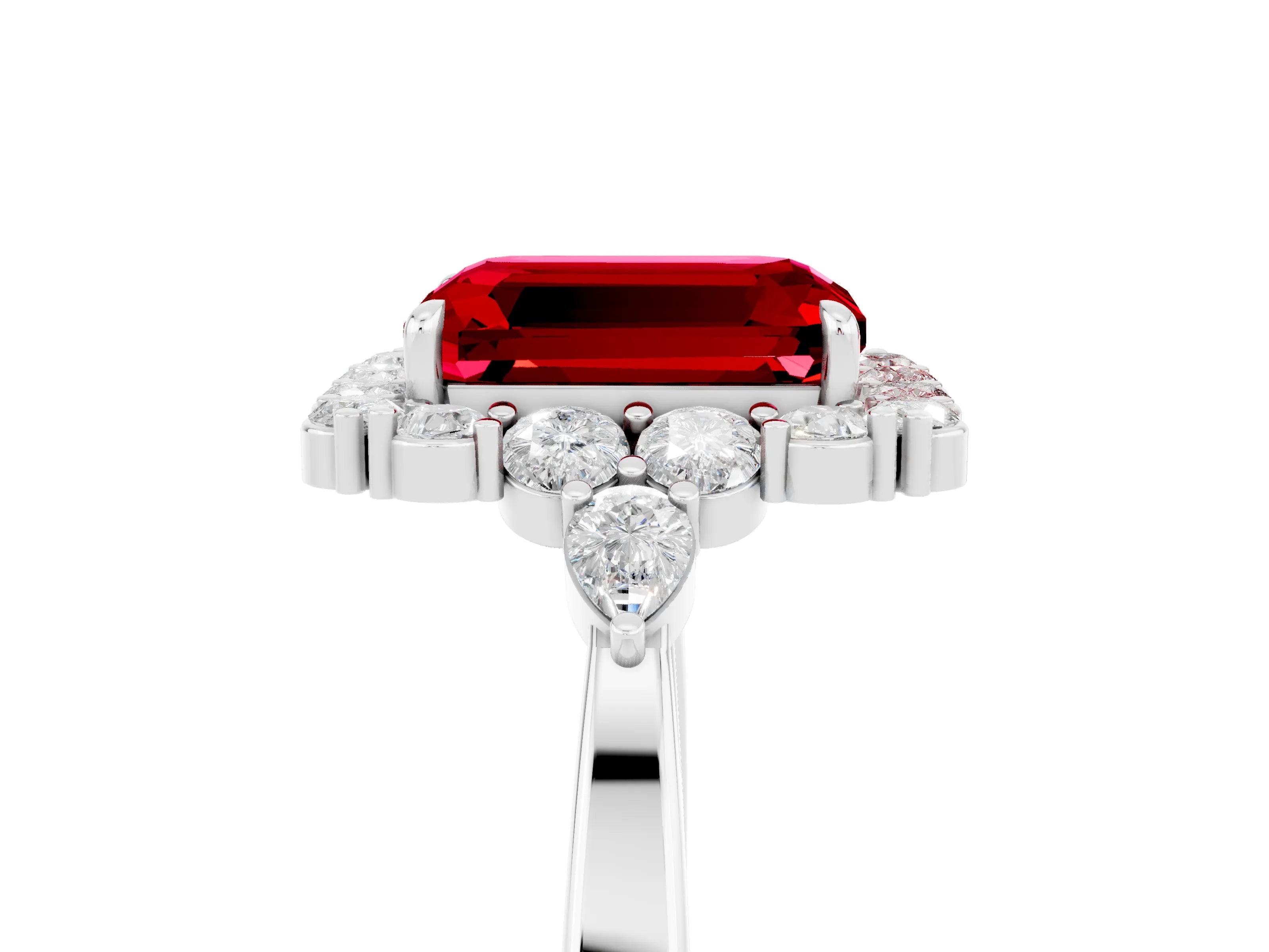 White gold Emerald Cut Ruby Halo Ring with Pear Side Stones and Prong Setting_29