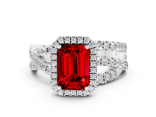 Silver Emerald Cut Ruby Halo Ring with Round Split Shank and Prong Setting