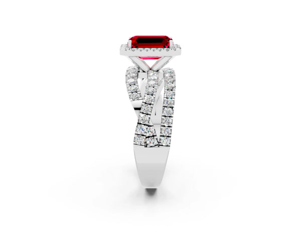 Silver Emerald Cut Ruby Halo Ring with Round Split Shank and Prong Setting