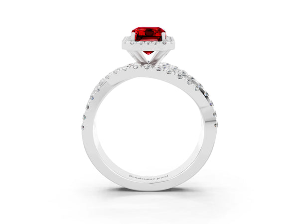 White gold Emerald Cut Ruby Halo Ring with Round Split Shank and Prong Setting