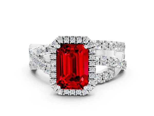 Platinum Emerald Cut Ruby Halo Ring with Round Split Shank and Prong Setting