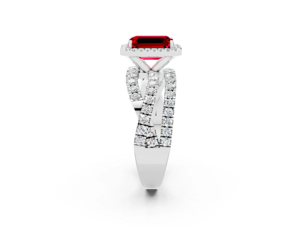 White gold Emerald Cut Ruby Halo Ring with Round Split Shank and Prong Setting