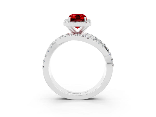 Platinum Emerald Cut Ruby Halo Ring with Round Split Shank and Prong Setting