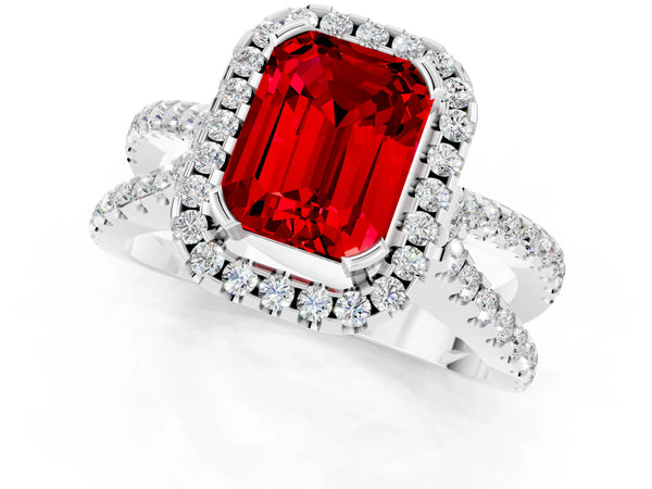 Platinum Emerald Cut Ruby Halo Ring with Split Shank Pavé Band and Prong Setting