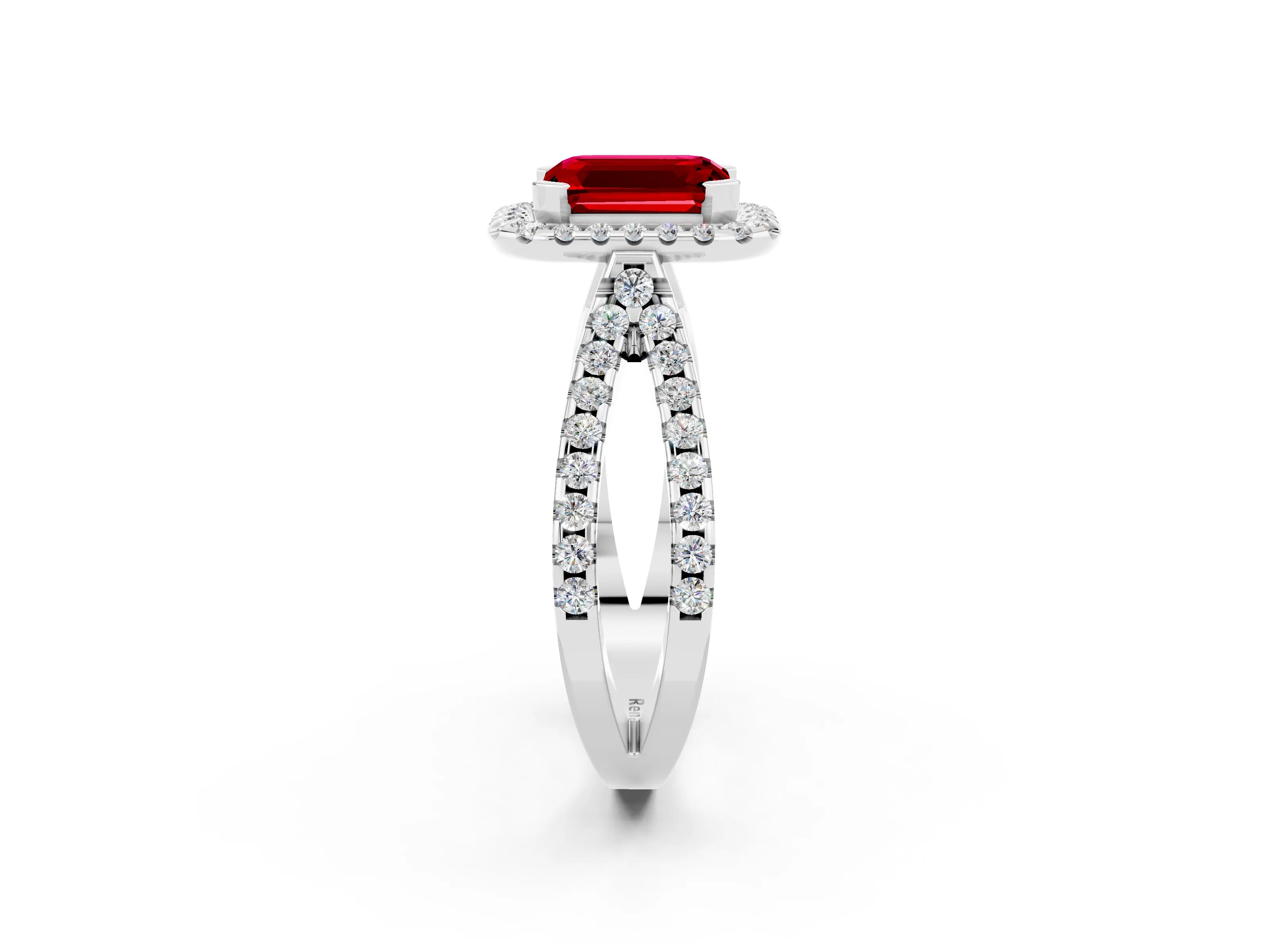 White gold Emerald Cut Ruby Halo Ring with Split Shank Pavé Band and Prong Setting_2