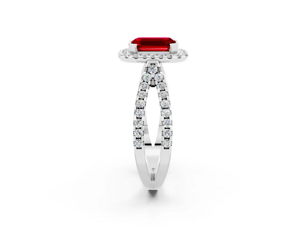 Silver Emerald Cut Ruby Halo Ring with Split Shank Pavé Band and Prong Setting