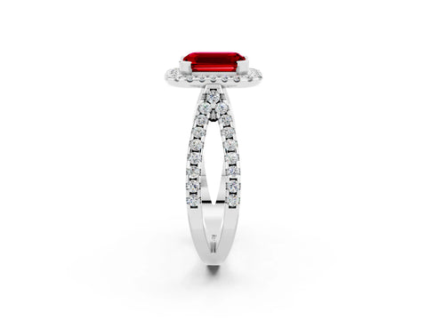 White gold Emerald Cut Ruby Halo Ring with Split Shank Pavé Band and Prong Setting_2