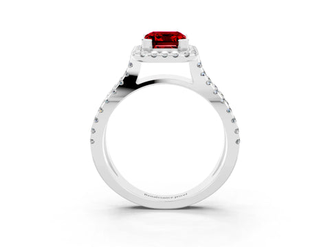 White gold Emerald Cut Ruby Halo Ring with Split Shank Pavé Band and Prong Setting_3