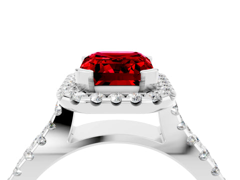 White gold Emerald Cut Ruby Halo Ring with Split Shank Pavé Band and Prong Setting_4