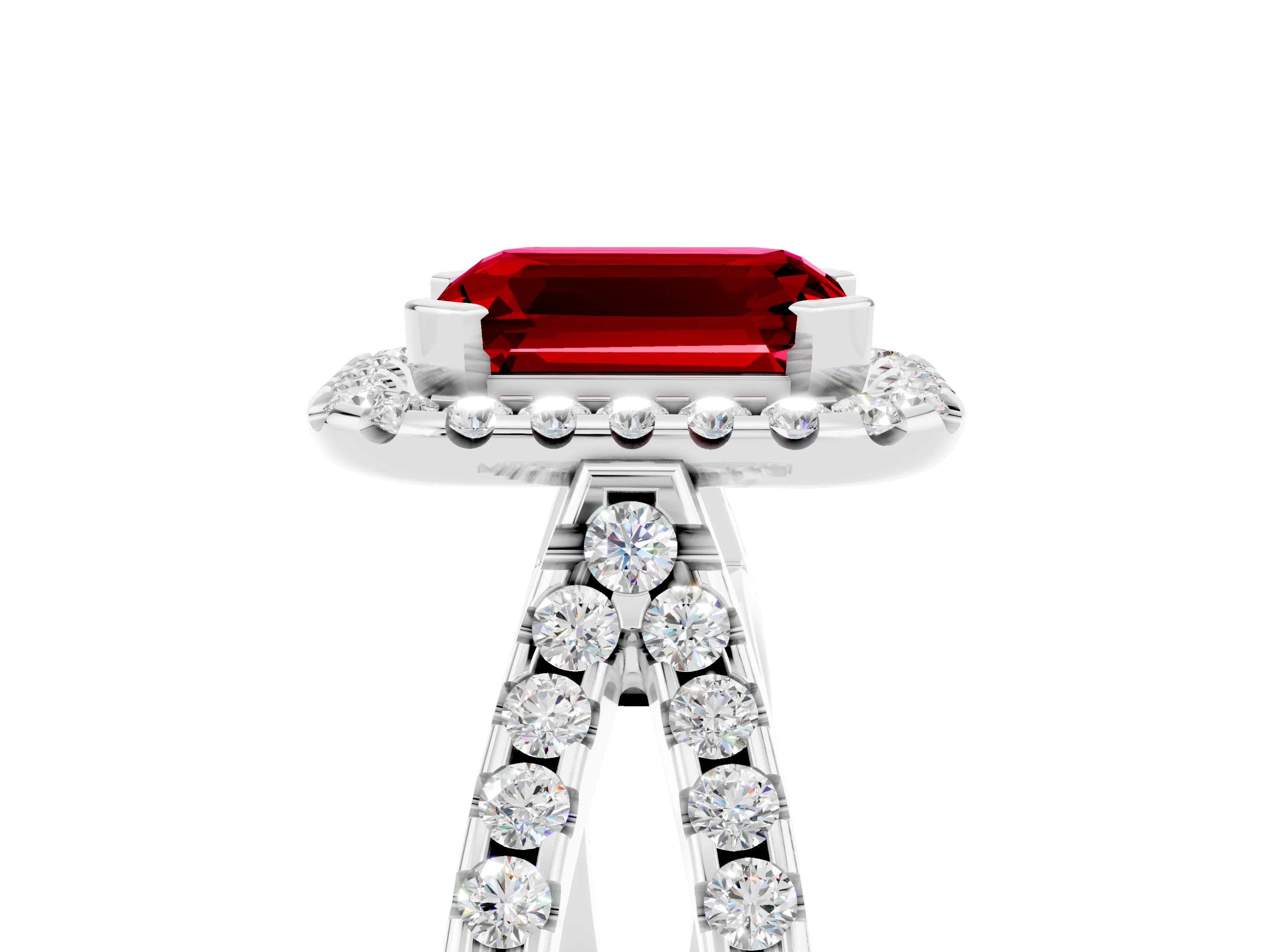 White gold Emerald Cut Ruby Halo Ring with Split Shank Pavé Band and Prong Setting_5