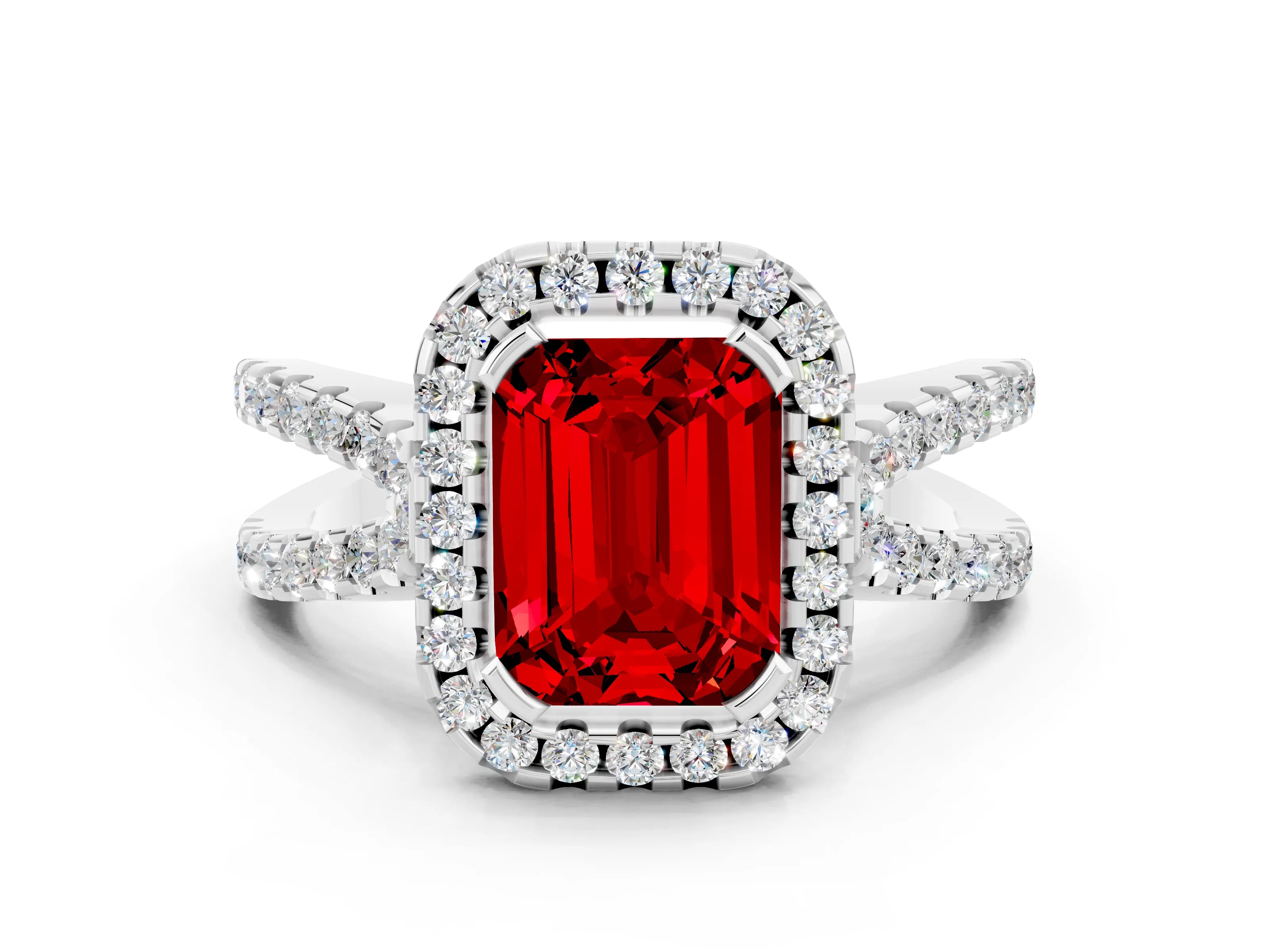 White gold Emerald Cut Ruby Halo Ring with Split Shank Pavé Band and Prong Setting