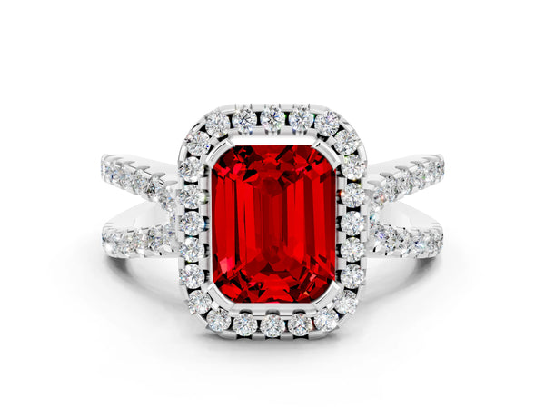 White gold Emerald Cut Ruby Halo Ring with Split Shank Pavé Band and Prong Setting
