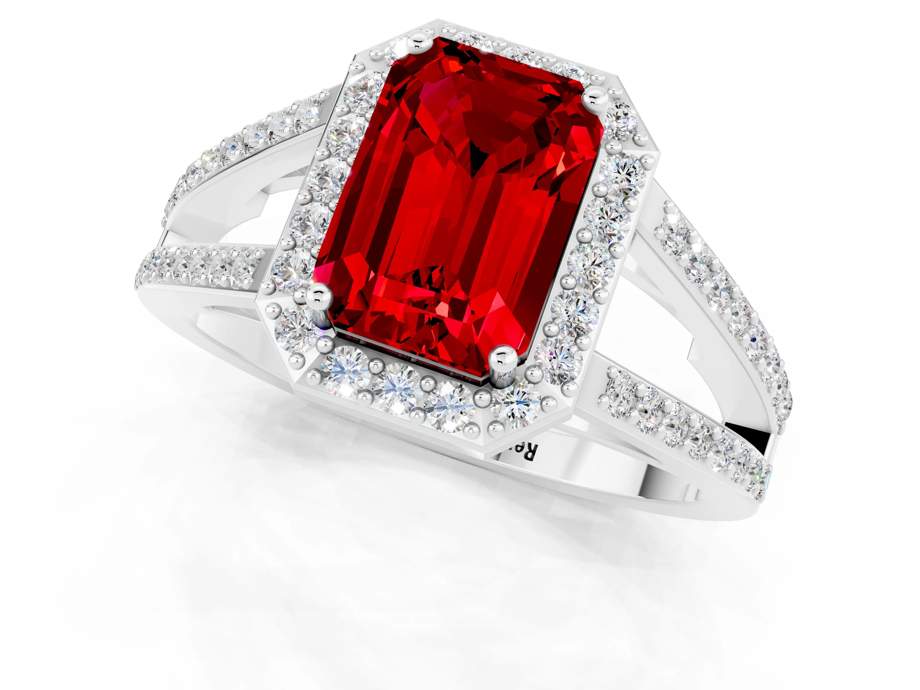 White gold Emerald Cut Ruby Halo Ring with Split Shank U-Prong Band and Four-Prong Setting_1