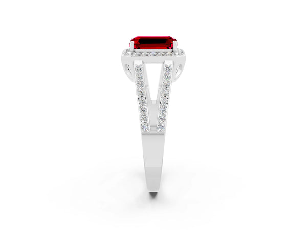 Silver Emerald Cut Ruby Halo Ring with Split Shank U-Prong Band and Four-Prong Setting