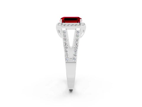 White gold Emerald Cut Ruby Halo Ring with Split Shank U-Prong Band and Four-Prong Setting_2
