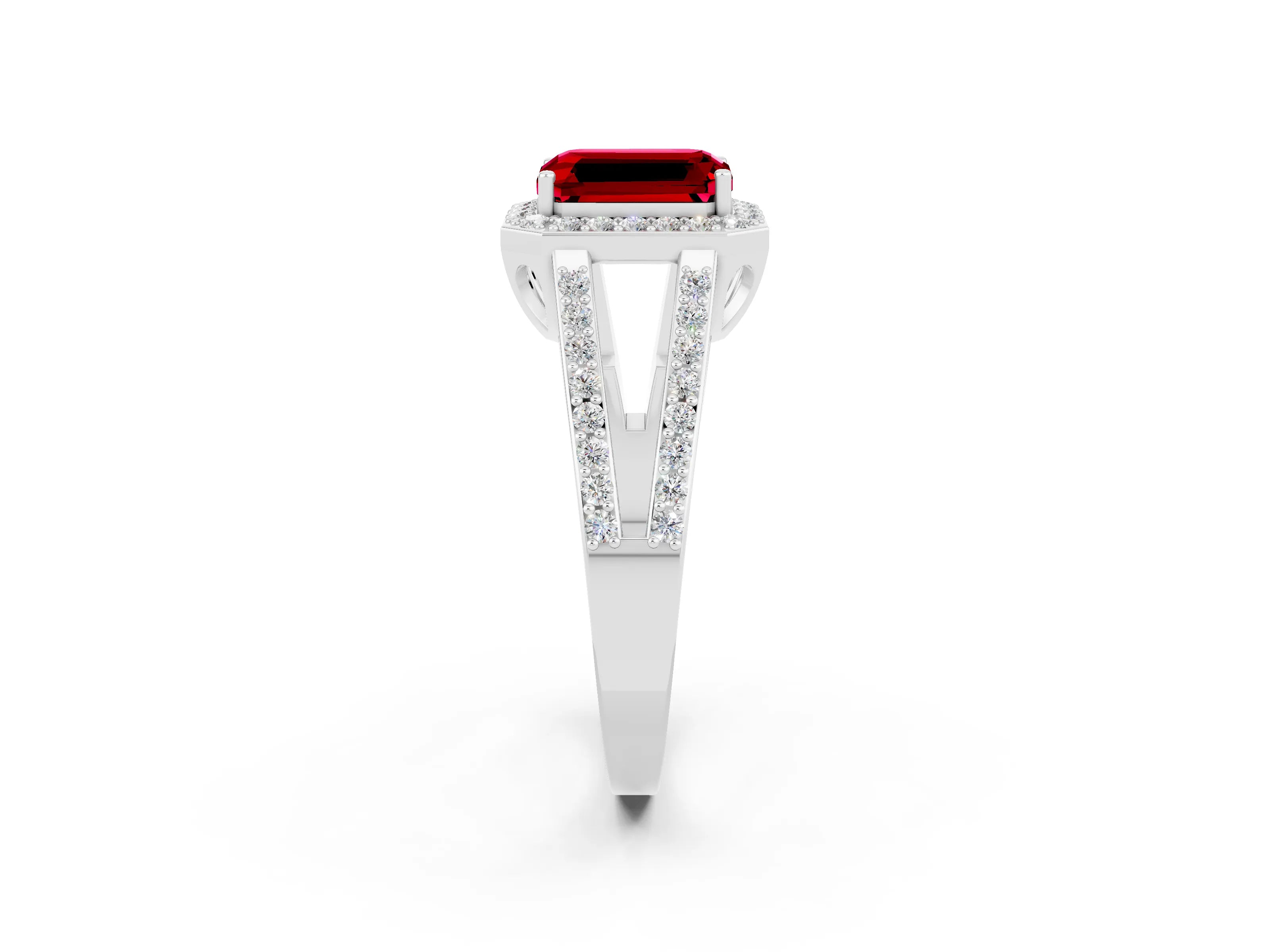 White gold Emerald Cut Ruby Halo Ring with Split Shank U-Prong Band and Four-Prong Setting_2