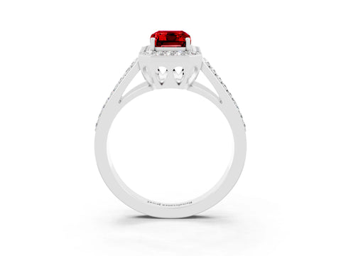 White gold Emerald Cut Ruby Halo Ring with Split Shank U-Prong Band and Four-Prong Setting_3