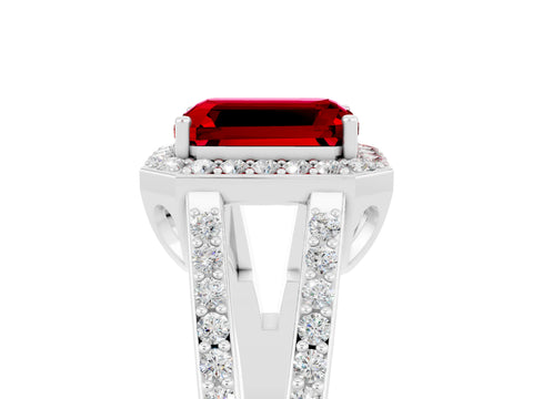 White gold Emerald Cut Ruby Halo Ring with Split Shank U-Prong Band and Four-Prong Setting_5