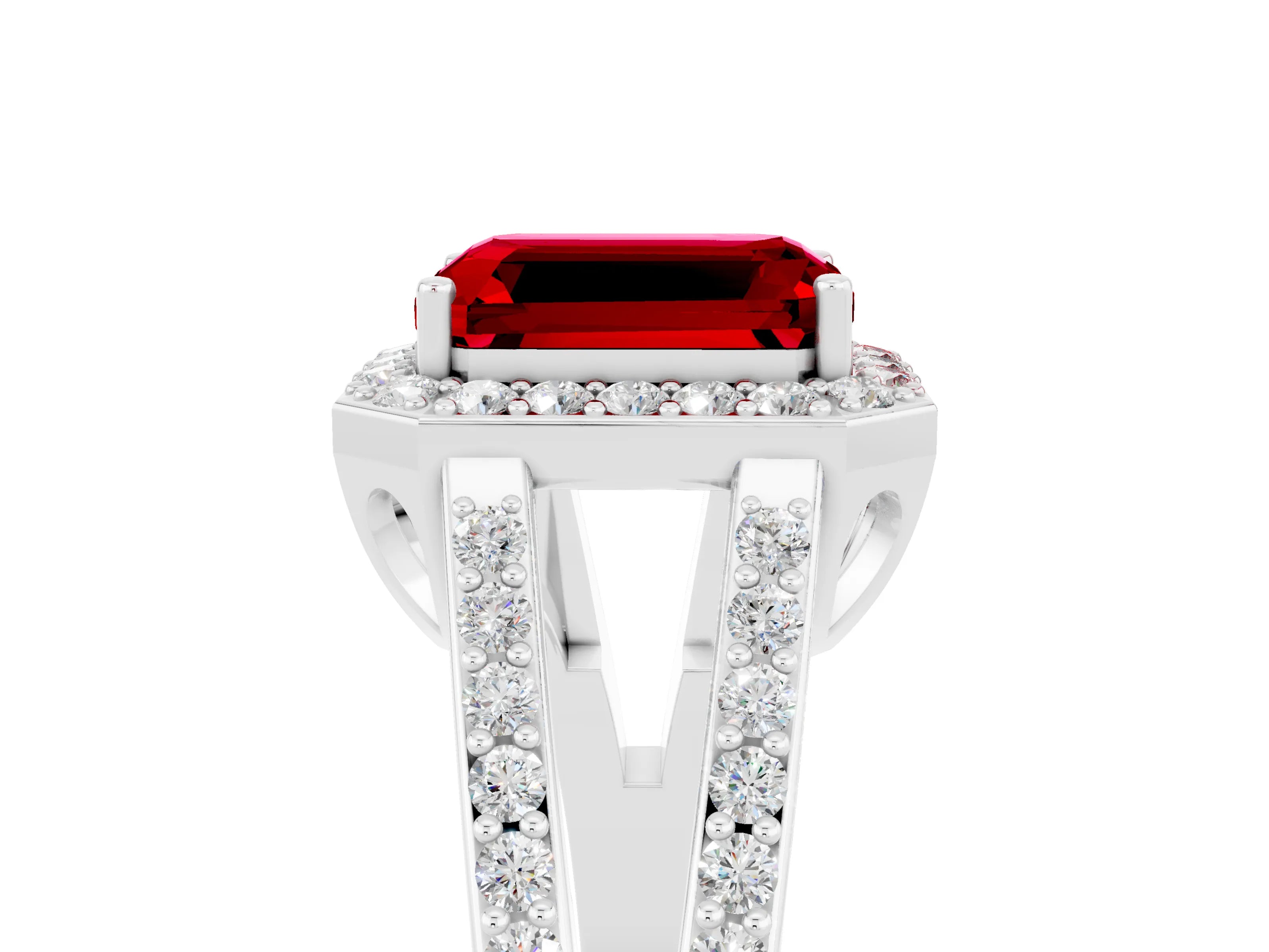 White gold Emerald Cut Ruby Halo Ring with Split Shank U-Prong Band and Four-Prong Setting_5