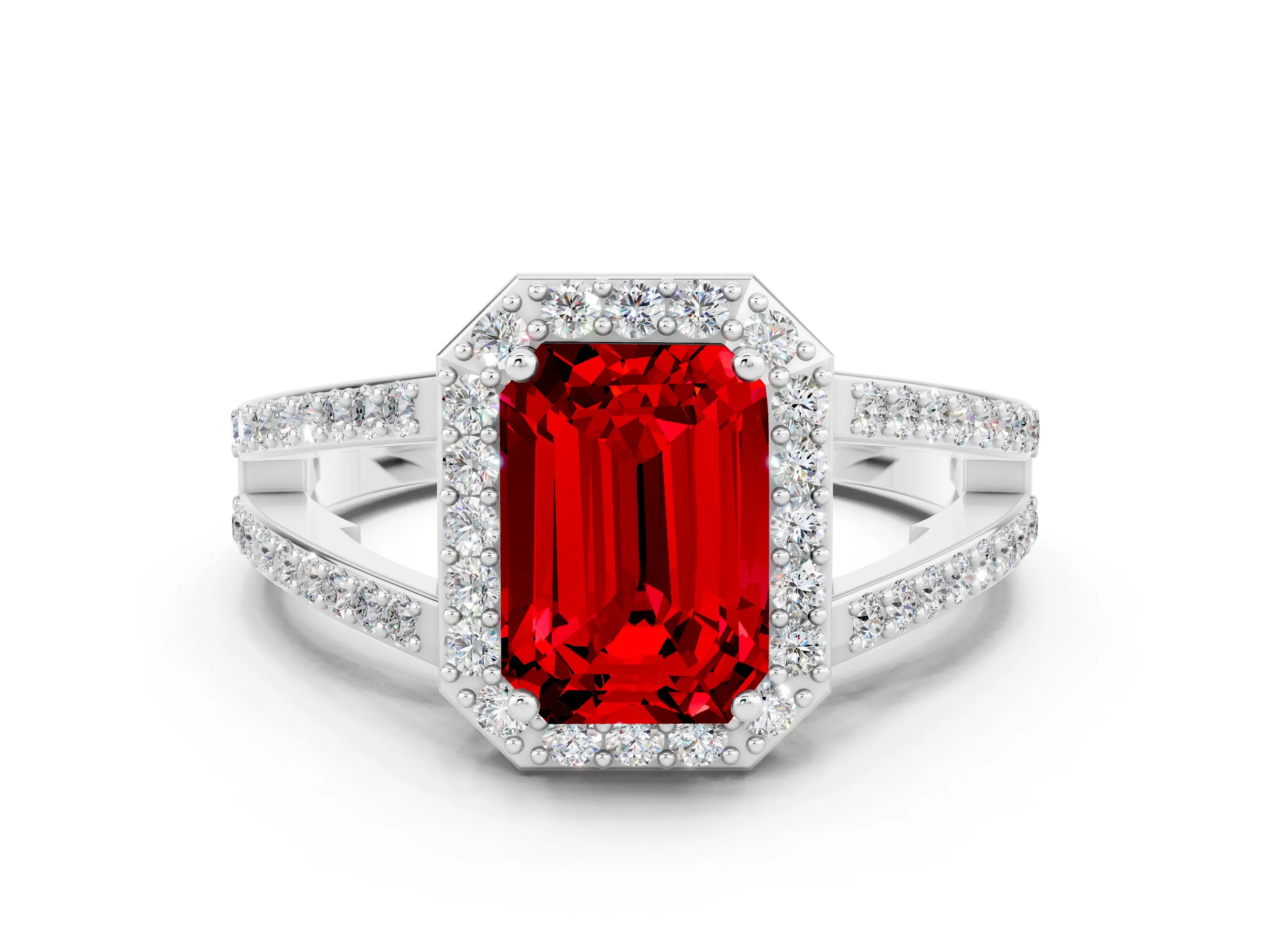 White gold Emerald Cut Ruby Halo Ring with Split Shank U-Prong Band and Four-Prong Setting