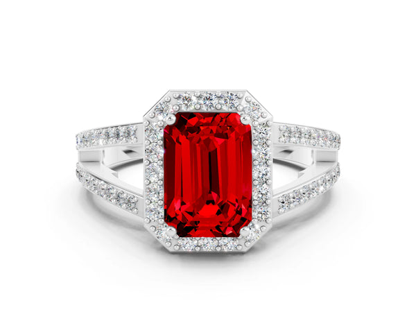 White gold Emerald Cut Ruby Halo Ring with Split Shank U-Prong Band and Four-Prong Setting