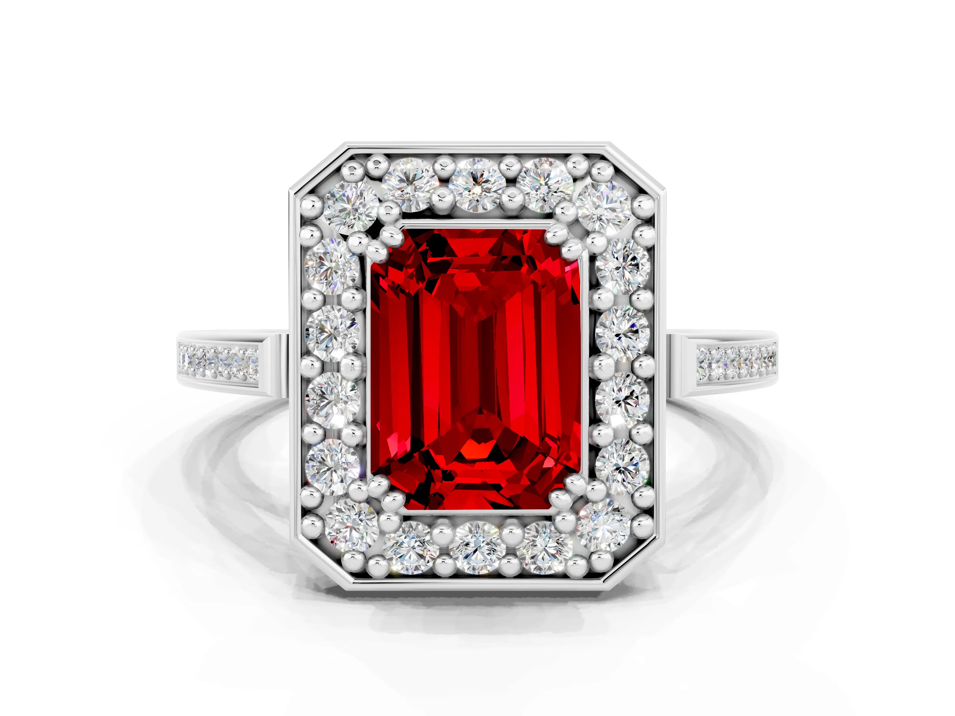 White gold Emerald Cut Ruby Halo Ring with Split Shank and Four-Prong Setting