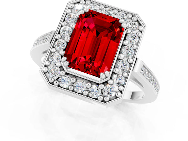 White gold Emerald Cut Ruby Halo Ring with Split Shank and Four-Prong Setting