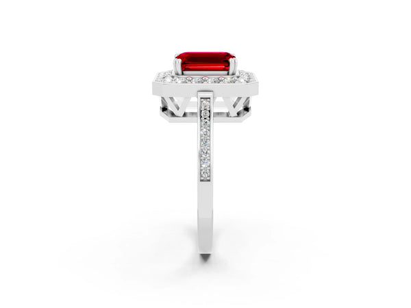 White gold Emerald Cut Ruby Halo Ring with Split Shank and Four-Prong Setting