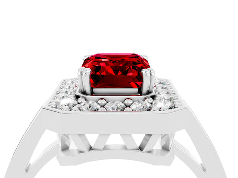 White gold Emerald Cut Ruby Halo Ring with Split Shank and Four-Prong Setting_16