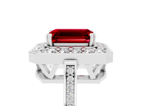 White gold Emerald Cut Ruby Halo Ring with Split Shank and Four-Prong Setting_17