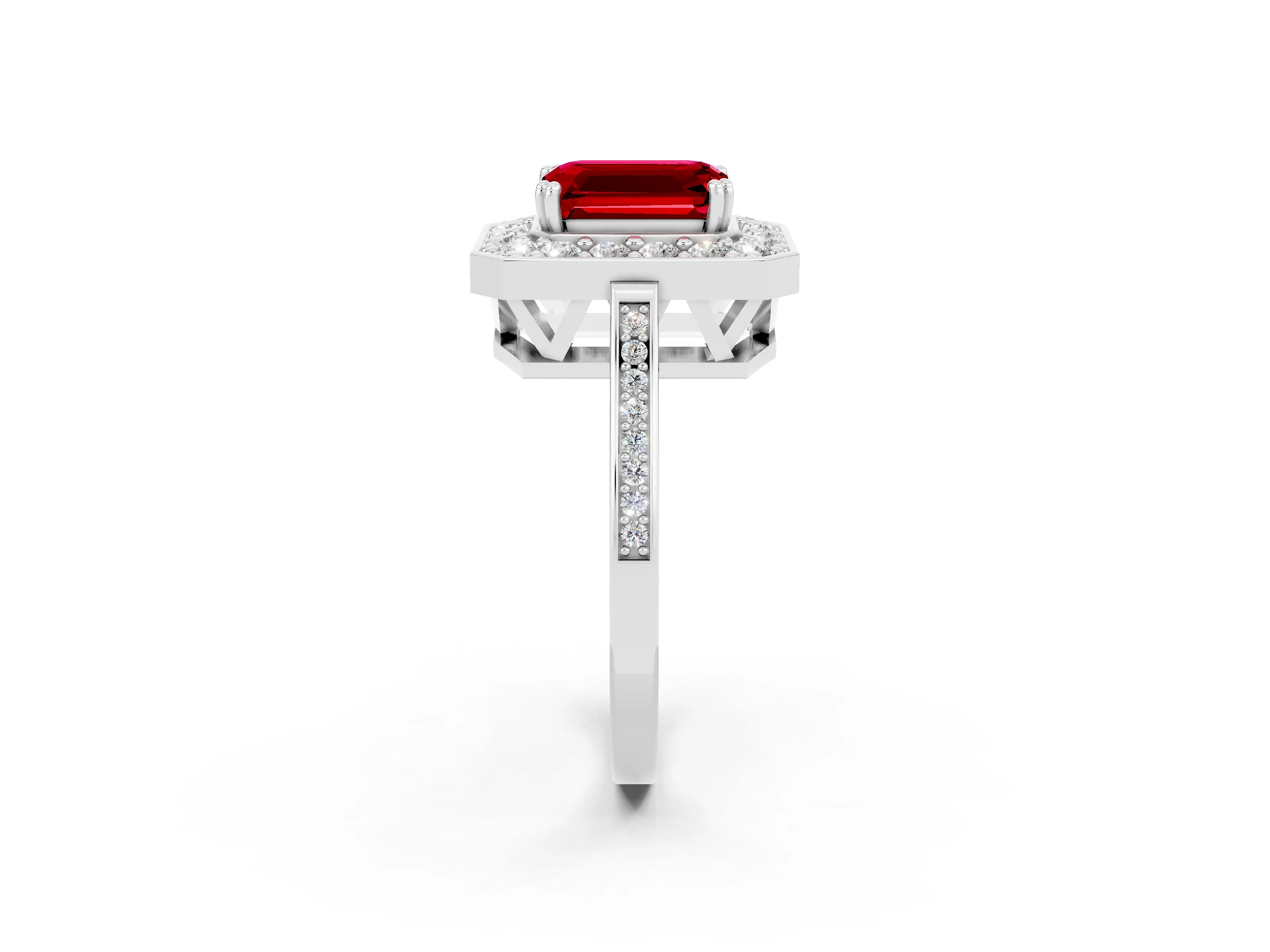 White gold Emerald Cut Ruby Halo Ring with Split Shank and Four-Prong Setting_2