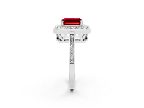 White gold Emerald Cut Ruby Halo Ring with Split Shank and Four-Prong Setting_2